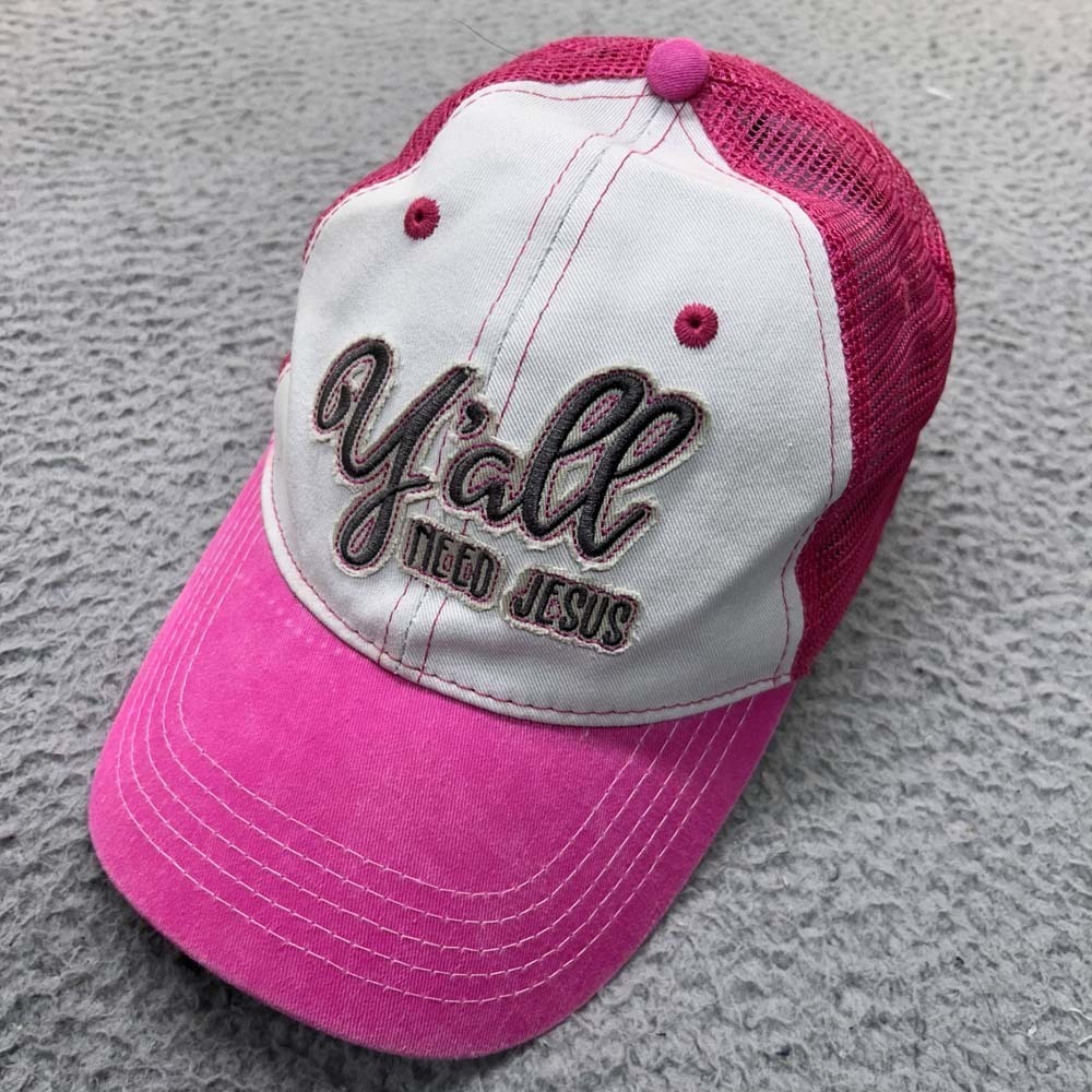 Pink and White Trucker Hat with Embroidered Message